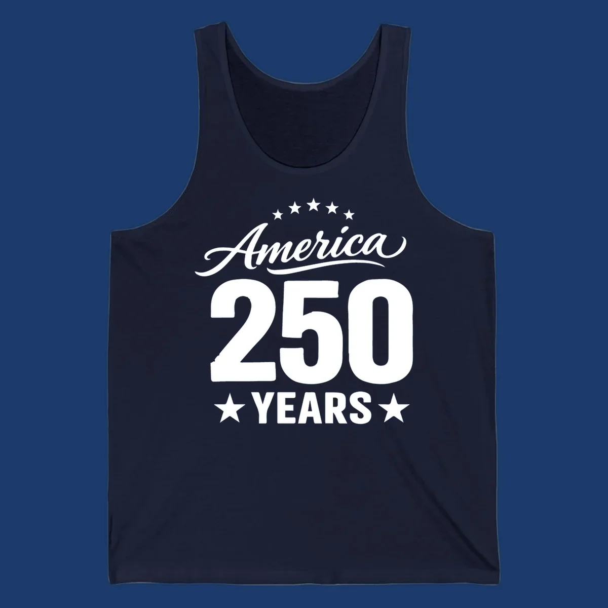 America 250 years text with stars, bold design for celebration.