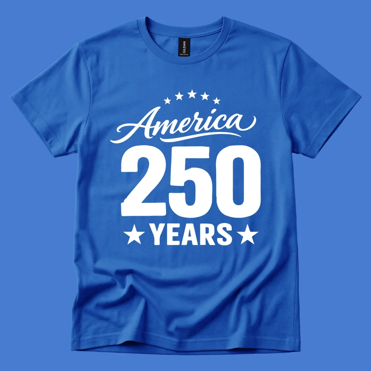 America 250 years text with stars, bold design for celebration.