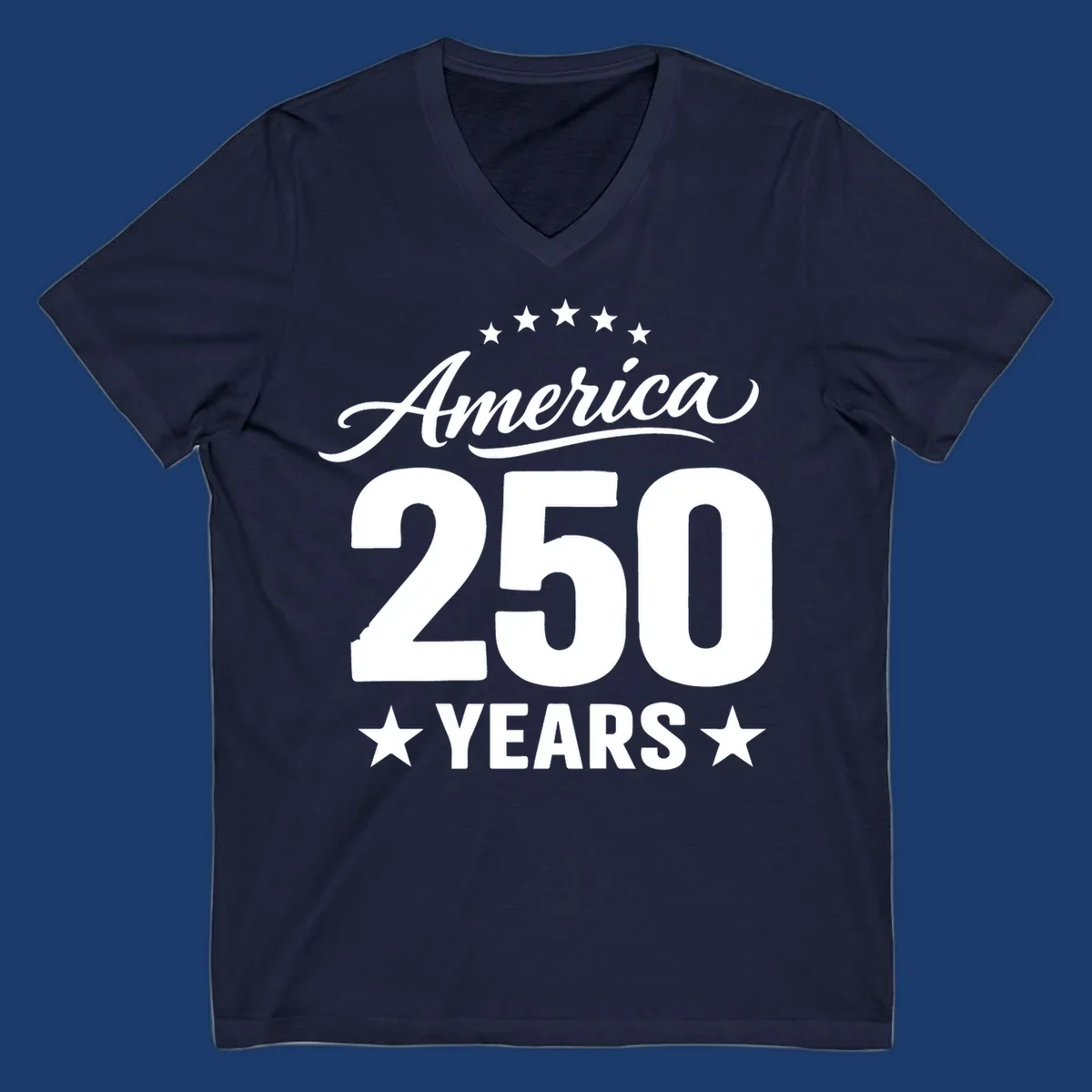America 250 years text with stars, bold design for celebration.
