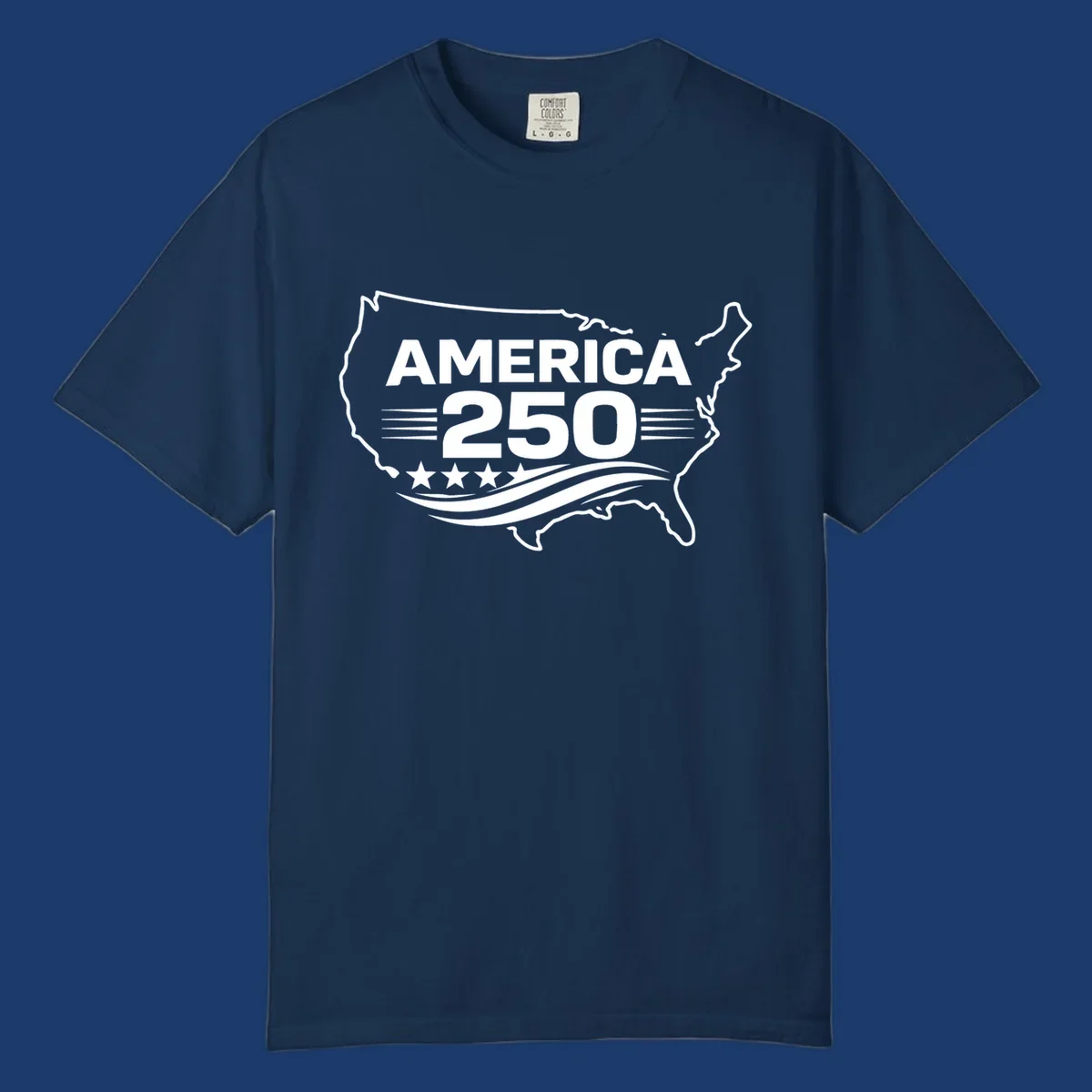 America 250th anniversary celebration design with USA map outline, text, stars, and wavy lines.