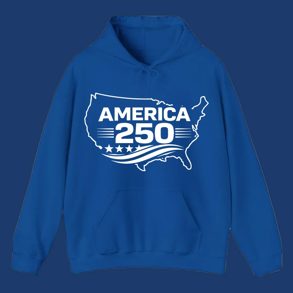 America 250th anniversary celebration design with USA map outline, text, stars, and wavy lines.