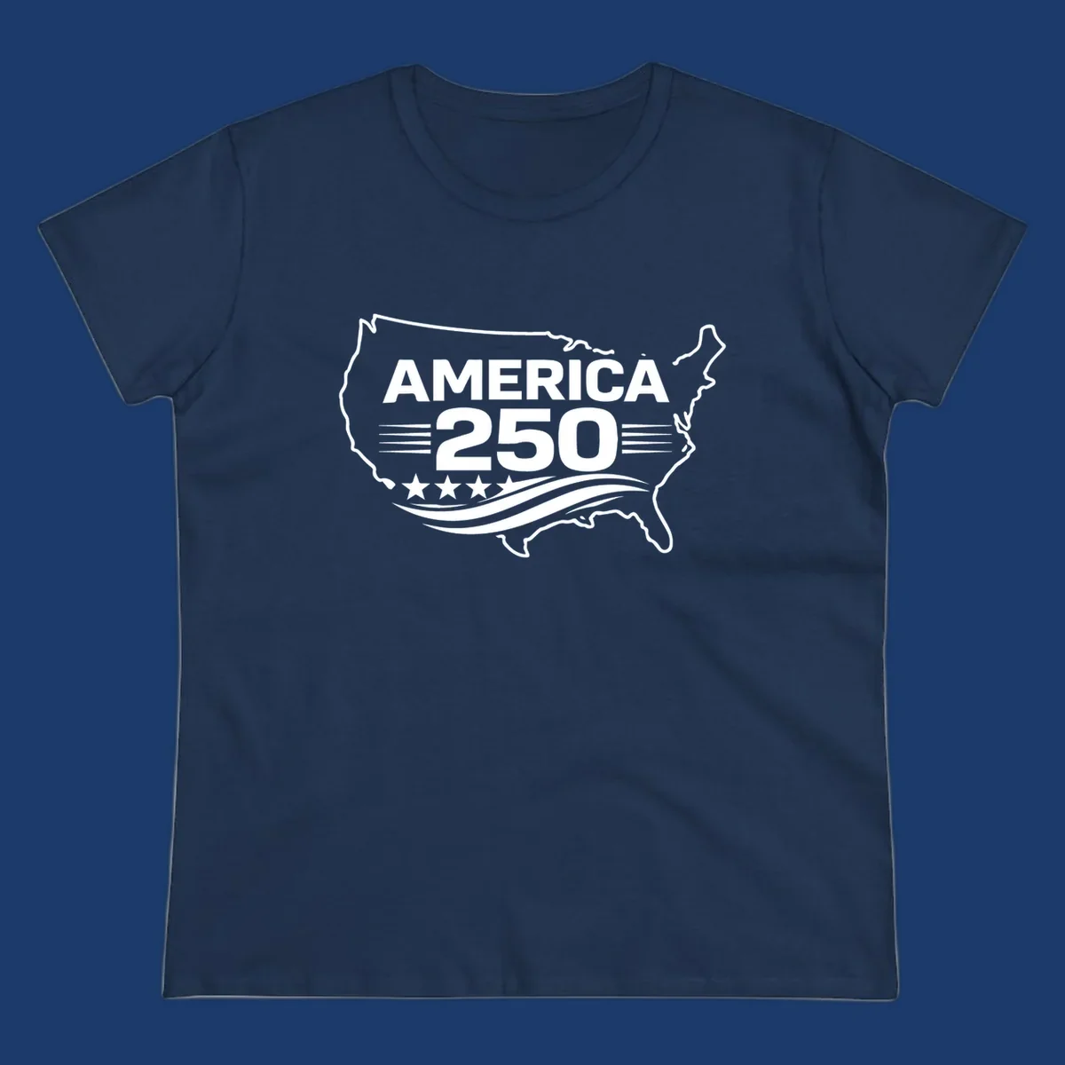 America 250th anniversary celebration design with USA map outline, text, stars, and wavy lines.