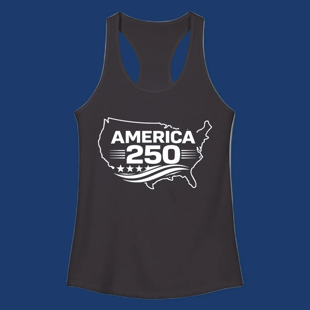 America 250th anniversary celebration design with USA map outline, text, stars, and wavy lines.