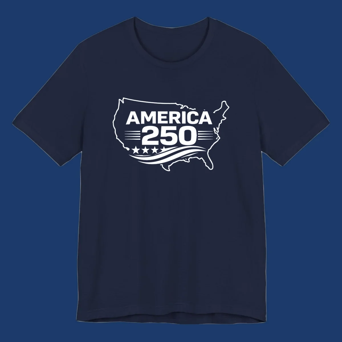 America 250th anniversary celebration design with USA map outline, text, stars, and wavy lines.