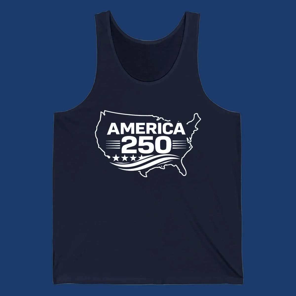 America 250th anniversary celebration design with USA map outline, text, stars, and wavy lines.