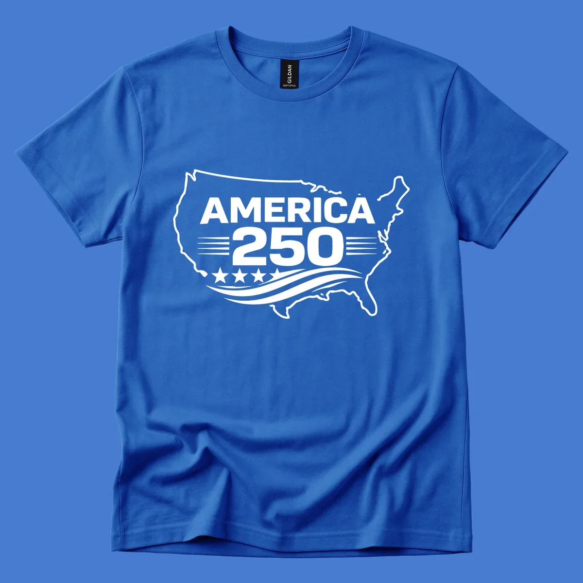 America 250th anniversary celebration design with USA map outline, text, stars, and wavy lines.