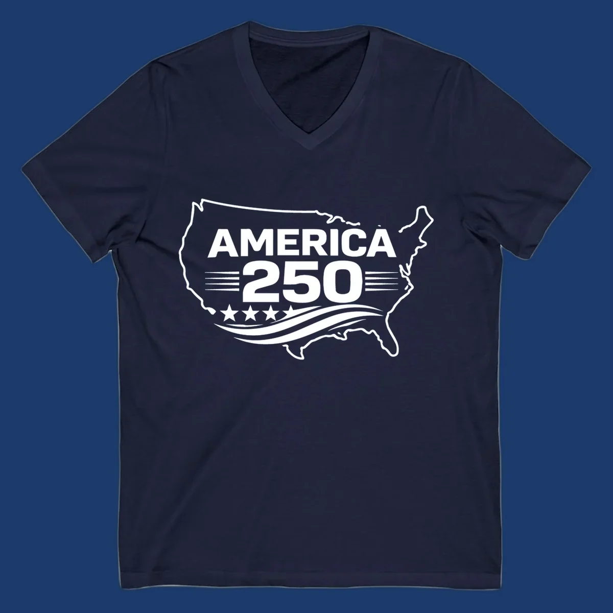 America 250th anniversary celebration design with USA map outline, text, stars, and wavy lines.