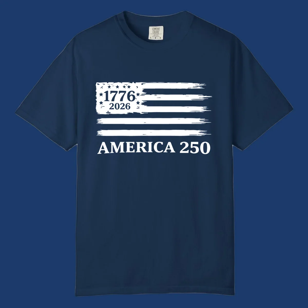 America 250th celebration distressed flag with 1776 and 2026 text.