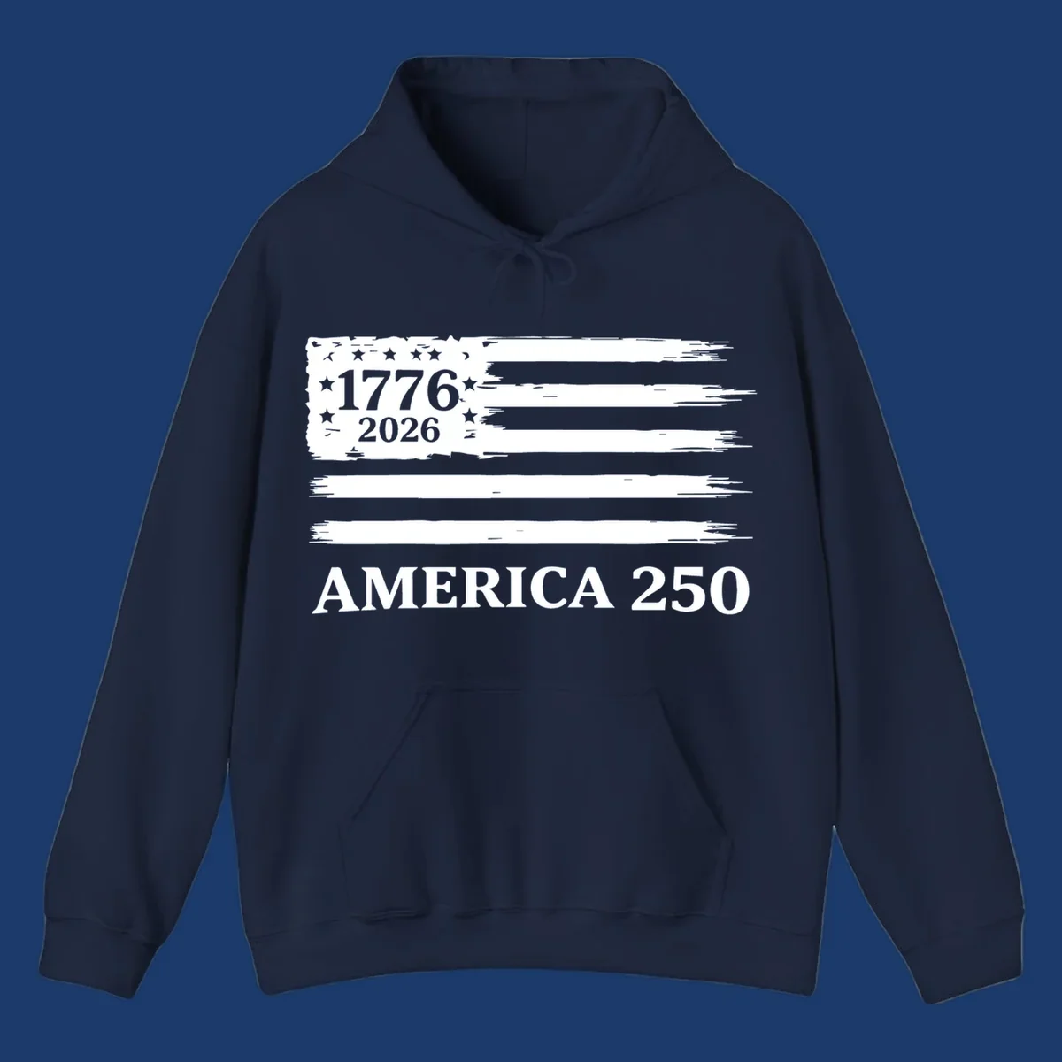 America 250th celebration distressed flag with 1776 and 2026 text.