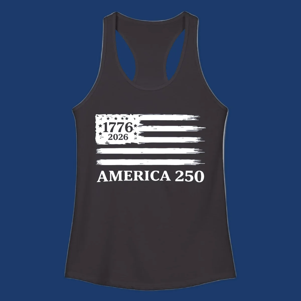 America 250th celebration distressed flag with 1776 and 2026 text.