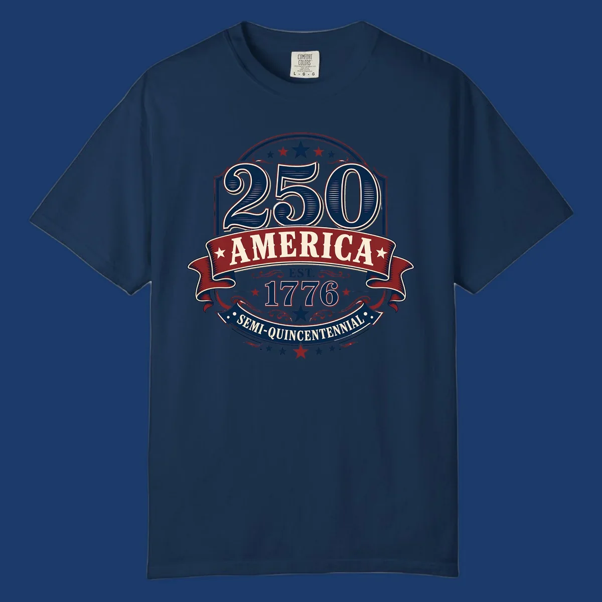 America 250th Semi-Quincentennial Celebration design with bold text and patriotic elements.