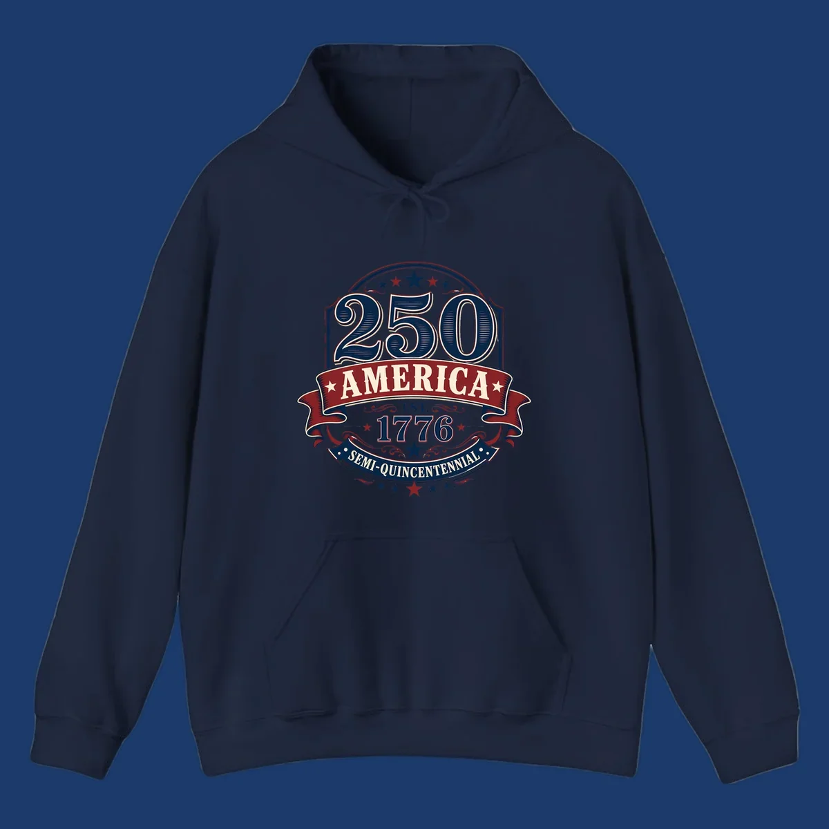 America 250th Semi-Quincentennial Celebration design with bold text and patriotic elements.