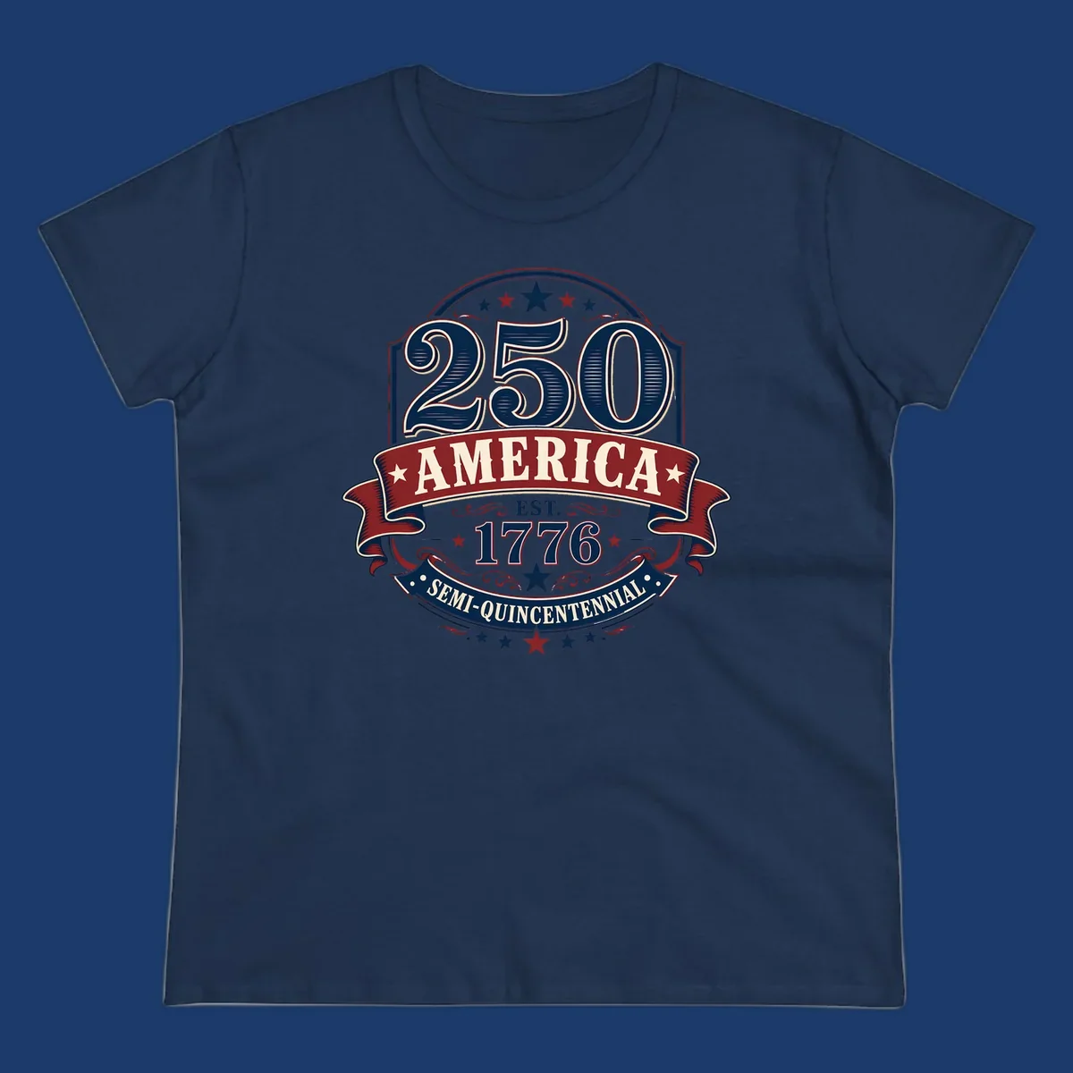 America 250th Semi-Quincentennial Celebration design with bold text and patriotic elements.