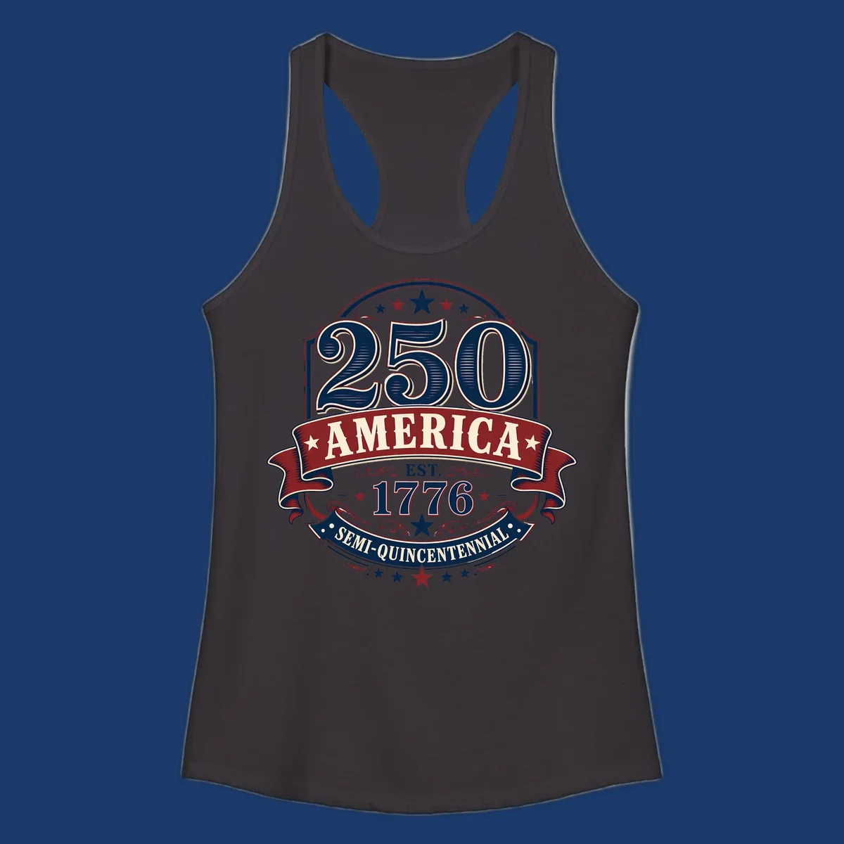 America 250th Semi-Quincentennial Celebration design with bold text and patriotic elements.