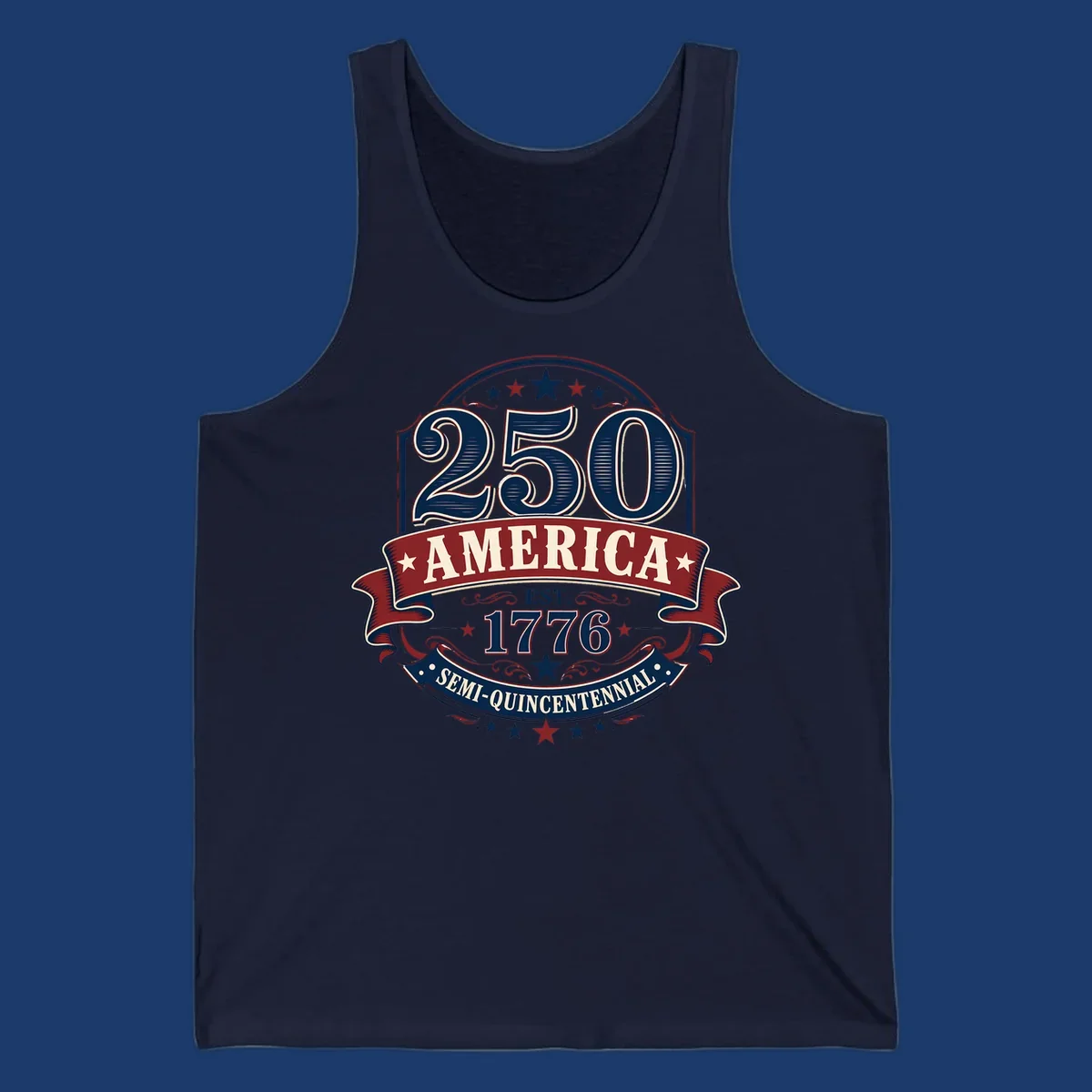 America 250th Semi-Quincentennial Celebration design with bold text and patriotic elements.