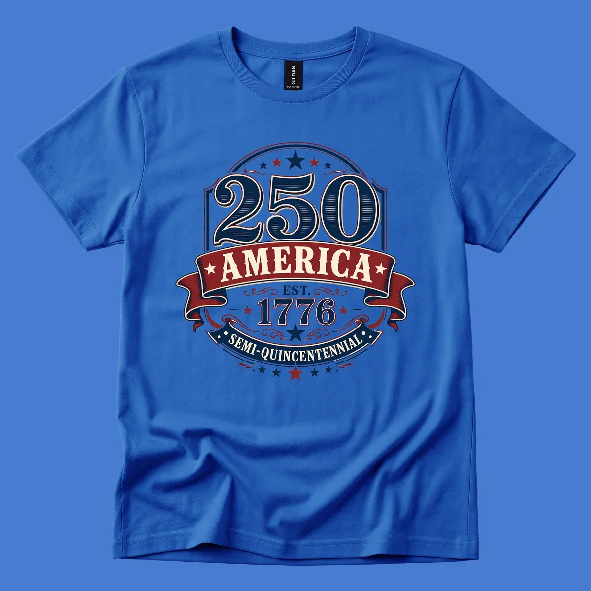 America 250th Semi-Quincentennial Celebration design with bold text and patriotic elements.