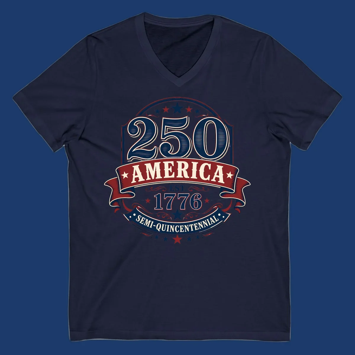 America 250th Semi-Quincentennial Celebration design with bold text and patriotic elements.