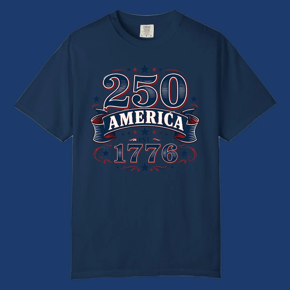 America 250th anniversary design with bold typography '250 AMERICA EST. 1776' in patriotic colors.