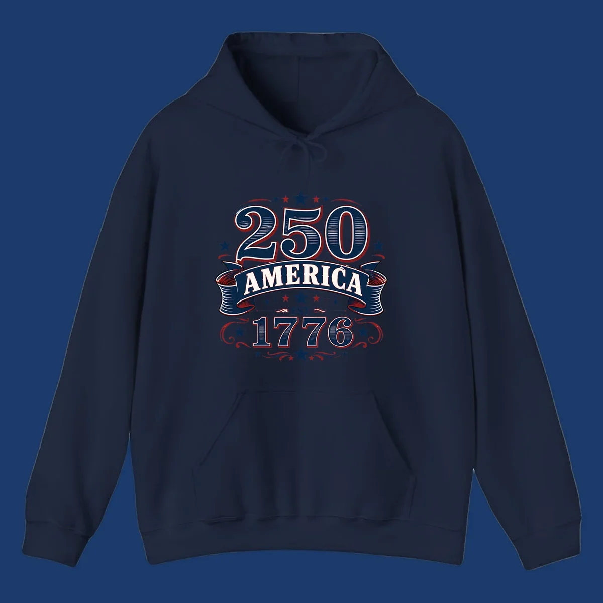America 250th anniversary design with bold typography '250 AMERICA EST. 1776' in patriotic colors.
