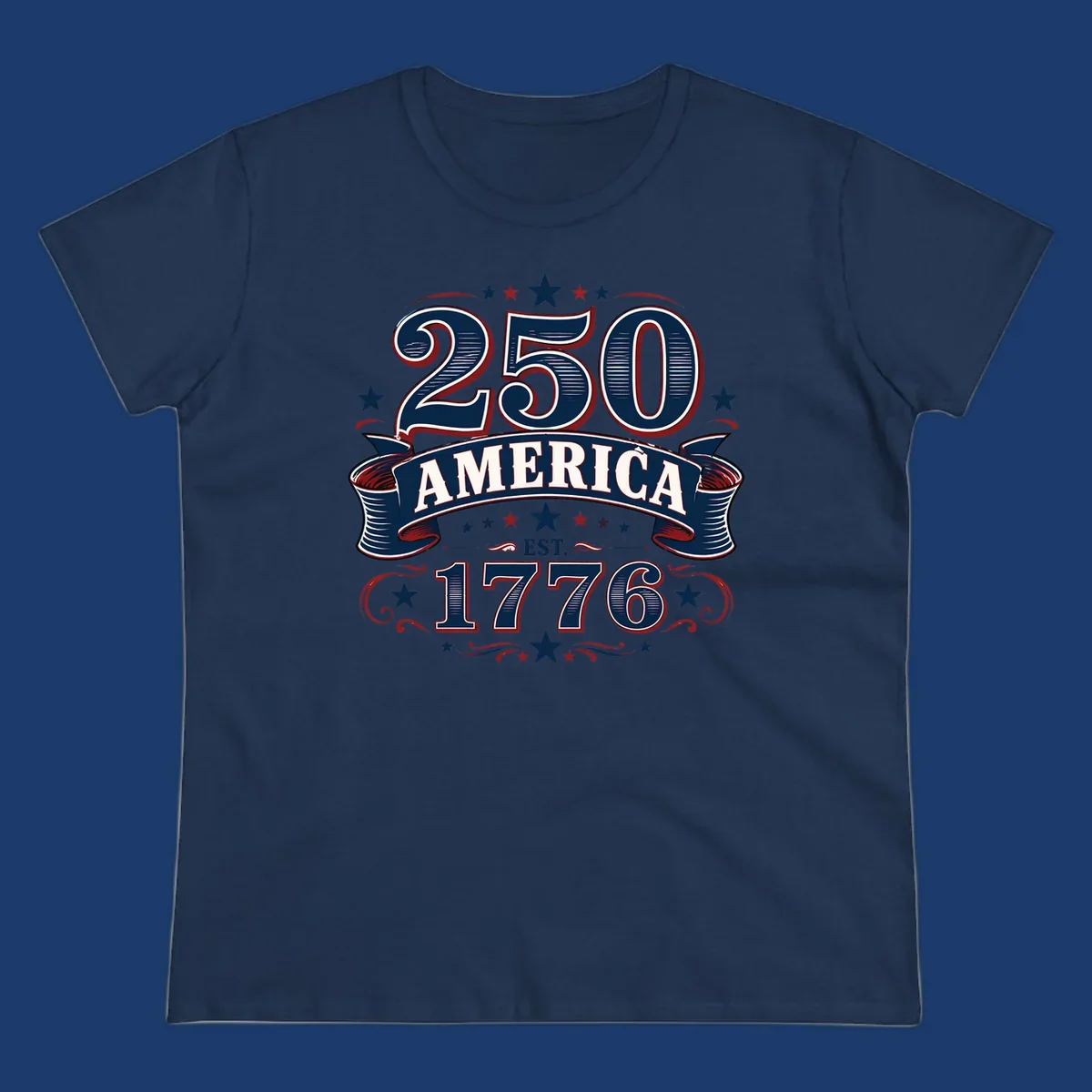 America 250th anniversary design with bold typography '250 AMERICA EST. 1776' in patriotic colors.
