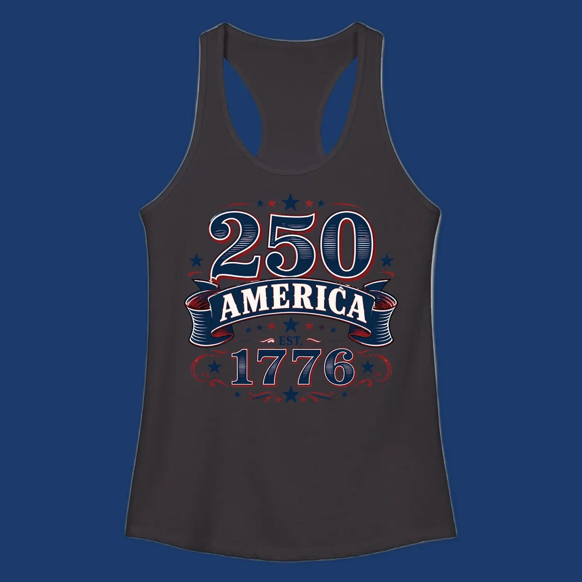 America 250th anniversary design with bold typography '250 AMERICA EST. 1776' in patriotic colors.