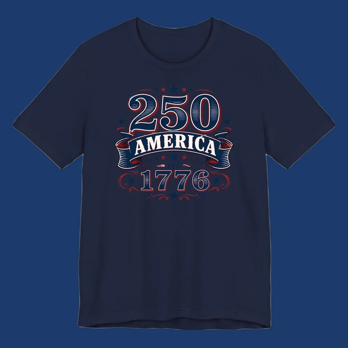 America 250th anniversary design with bold typography '250 AMERICA EST. 1776' in patriotic colors.