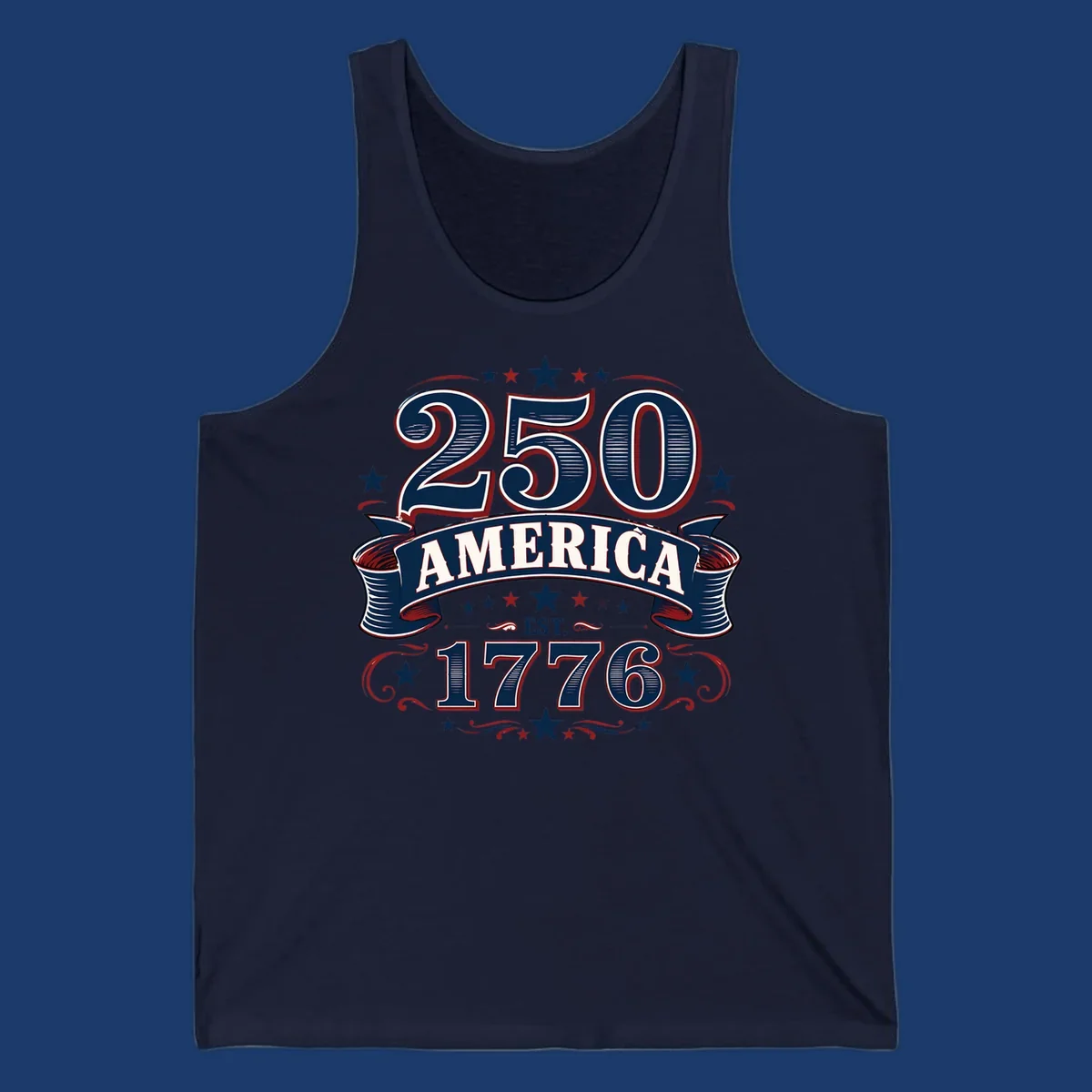 America 250th anniversary design with bold typography '250 AMERICA EST. 1776' in patriotic colors.