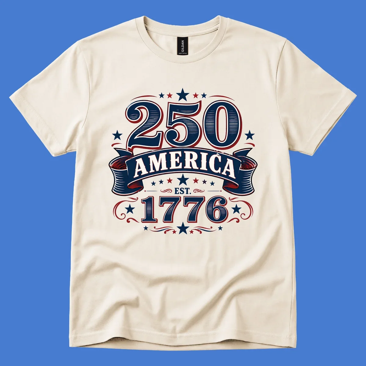 America 250th anniversary design with bold typography '250 AMERICA EST. 1776' in patriotic colors.