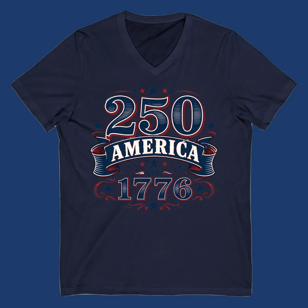 America 250th anniversary design with bold typography '250 AMERICA EST. 1776' in patriotic colors.