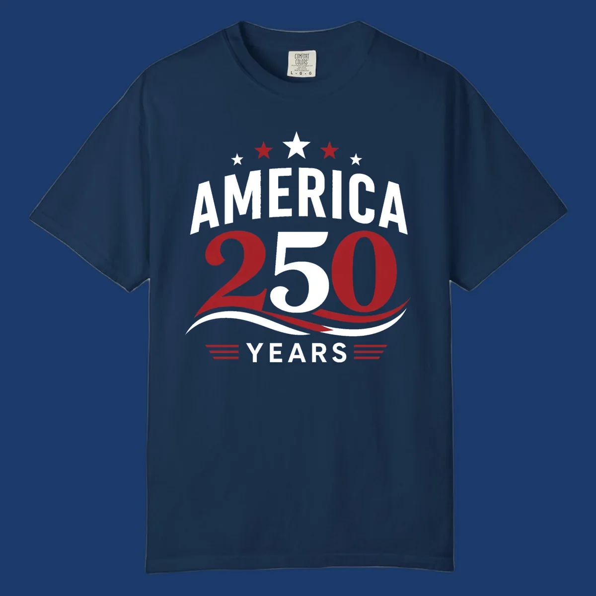 America 250th anniversary celebration graphic with bold text and patriotic colors.