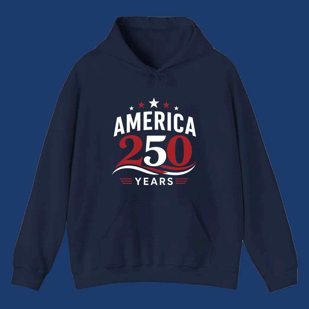 America 250th anniversary celebration graphic with bold text and patriotic colors.