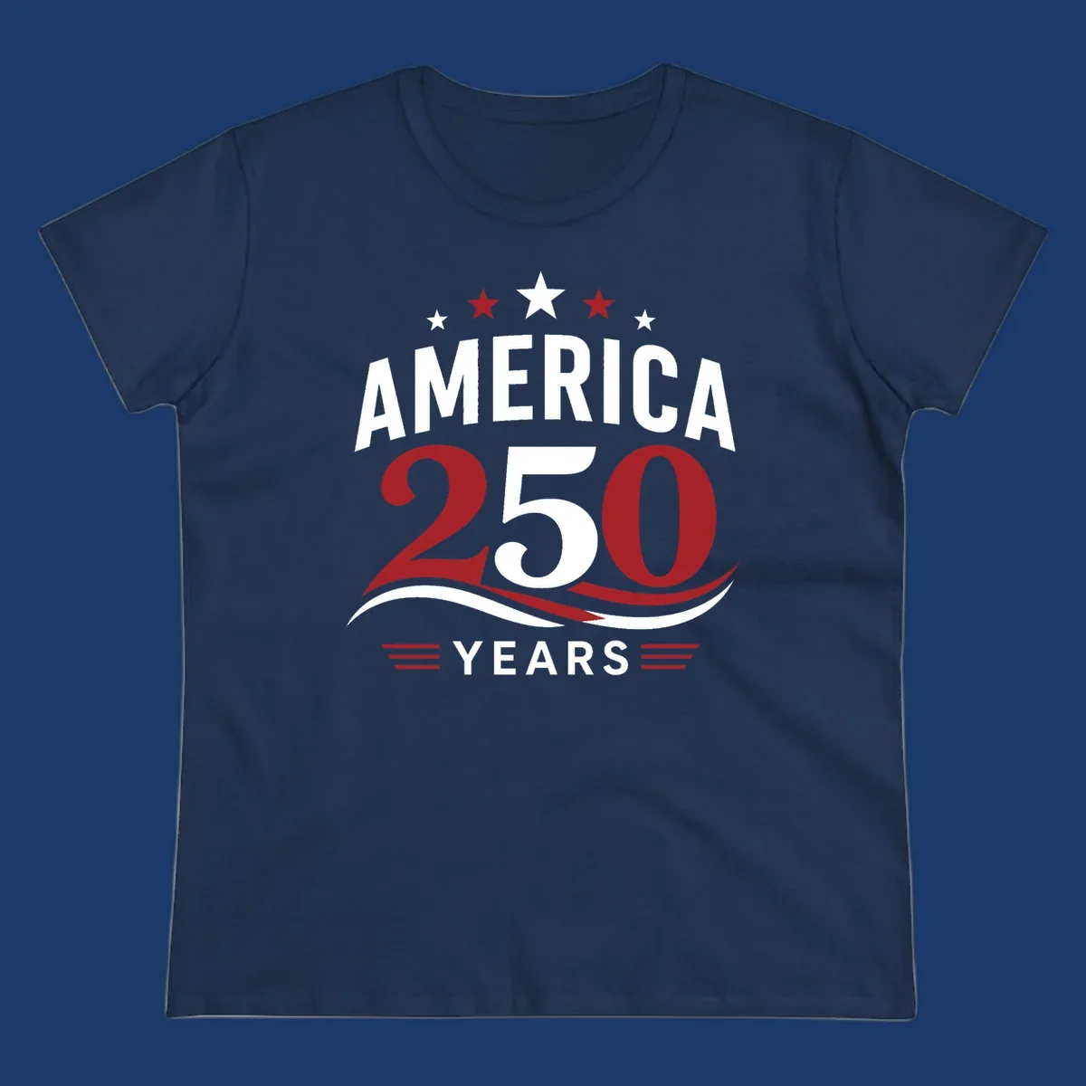 America 250th anniversary celebration graphic with bold text and patriotic colors.