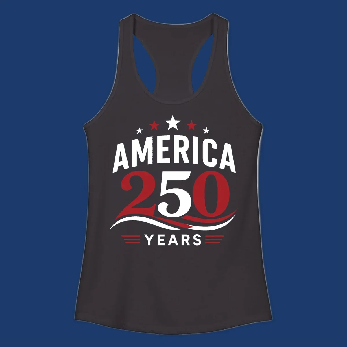 America 250th anniversary celebration graphic with bold text and patriotic colors.