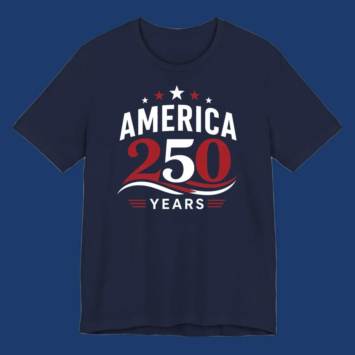 America 250th anniversary celebration graphic with bold text and patriotic colors.