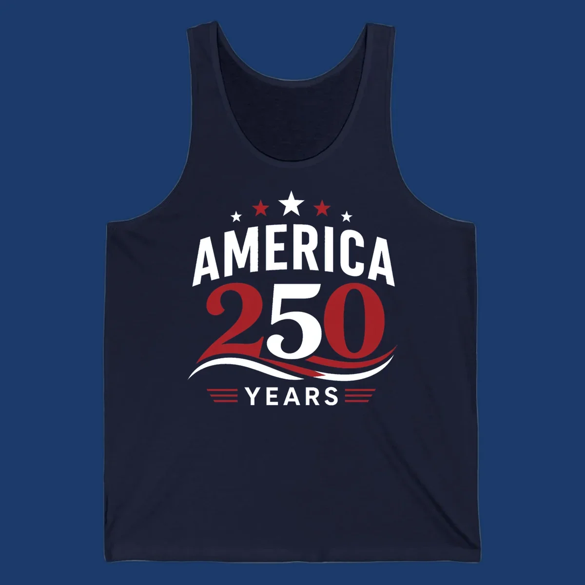 America 250th anniversary celebration graphic with bold text and patriotic colors.