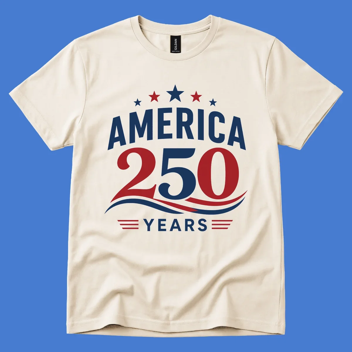 America 250th anniversary celebration graphic with bold text and patriotic colors.