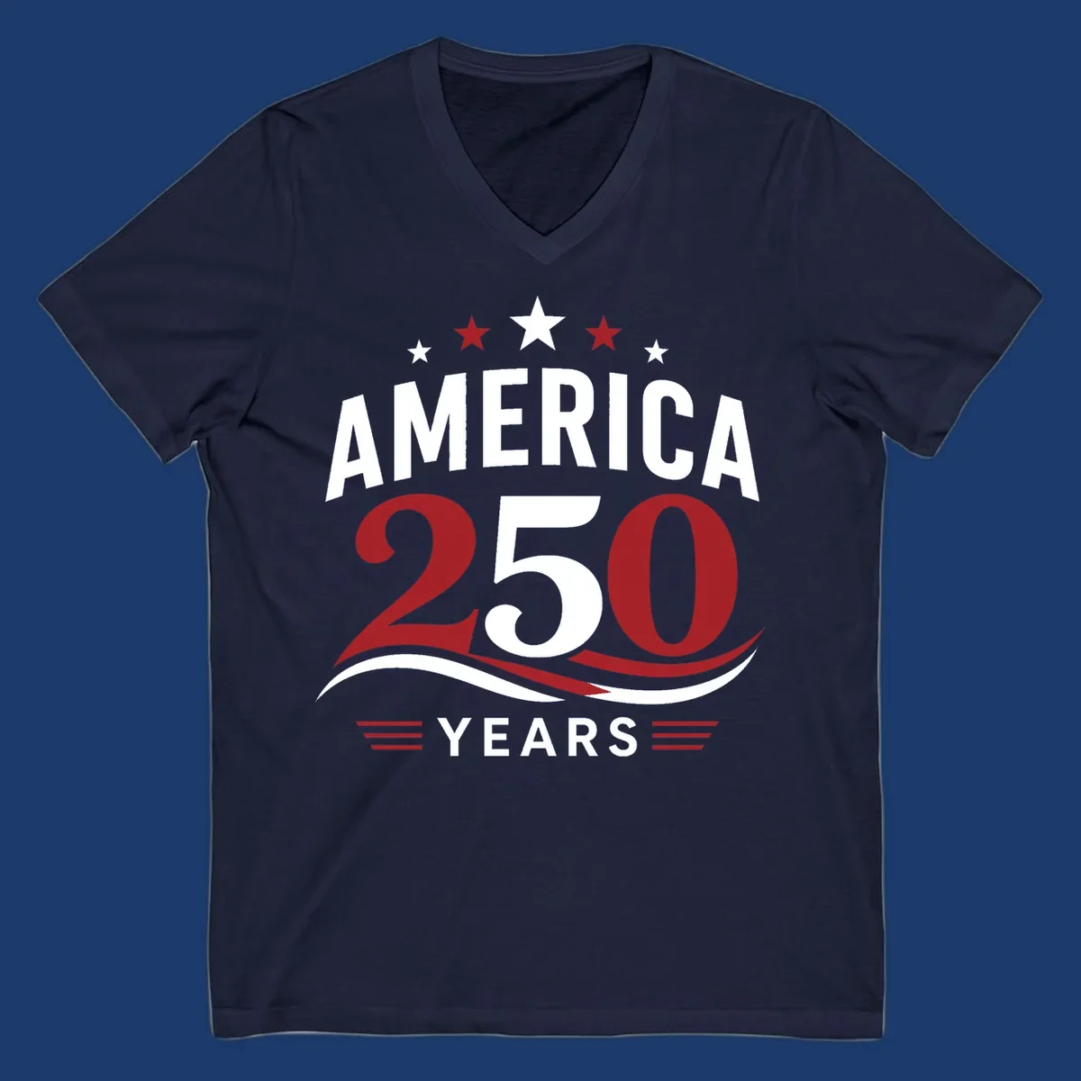 America 250th anniversary celebration graphic with bold text and patriotic colors.