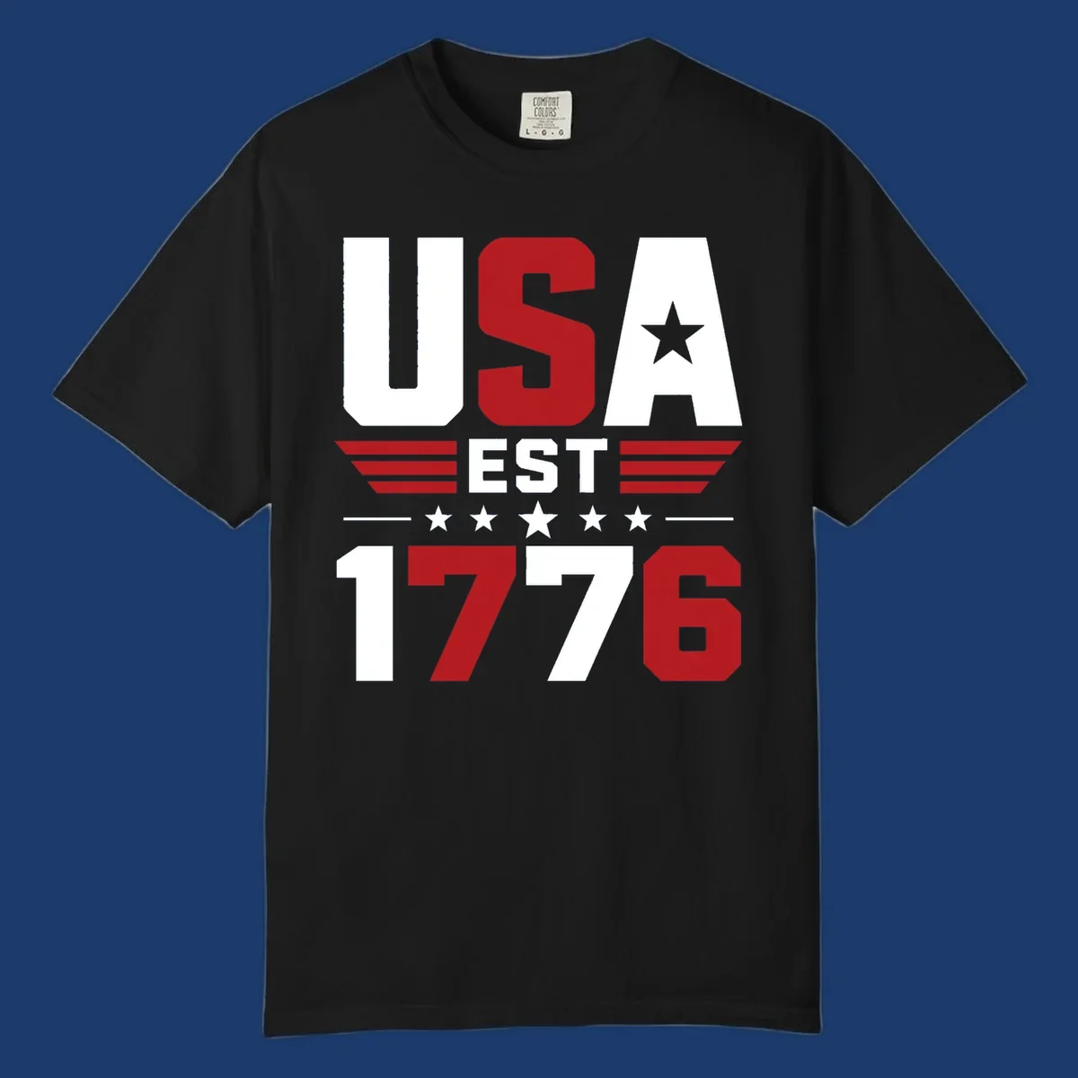 USA 1776 Stars and Stripes typography design with red, white, and blue elements.