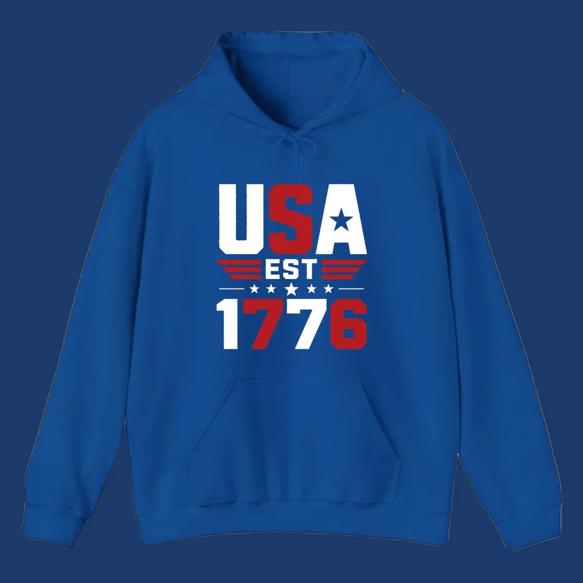 USA 1776 Stars and Stripes typography design with red, white, and blue elements.