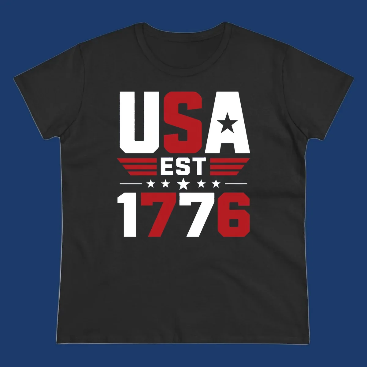 USA 1776 Stars and Stripes typography design with red, white, and blue elements.