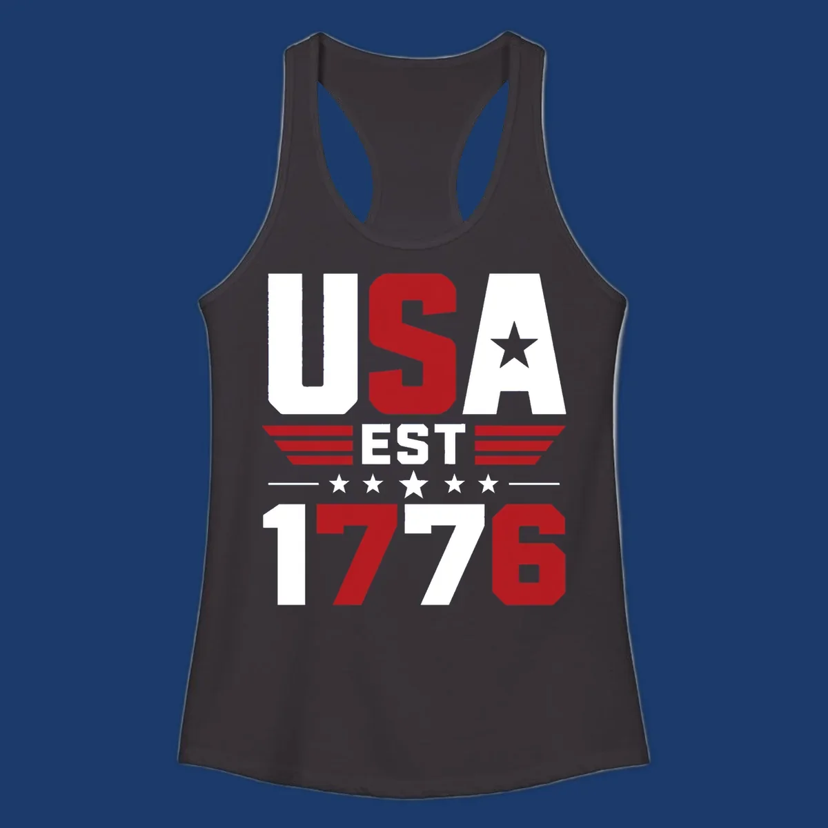 USA 1776 Stars and Stripes typography design with red, white, and blue elements.