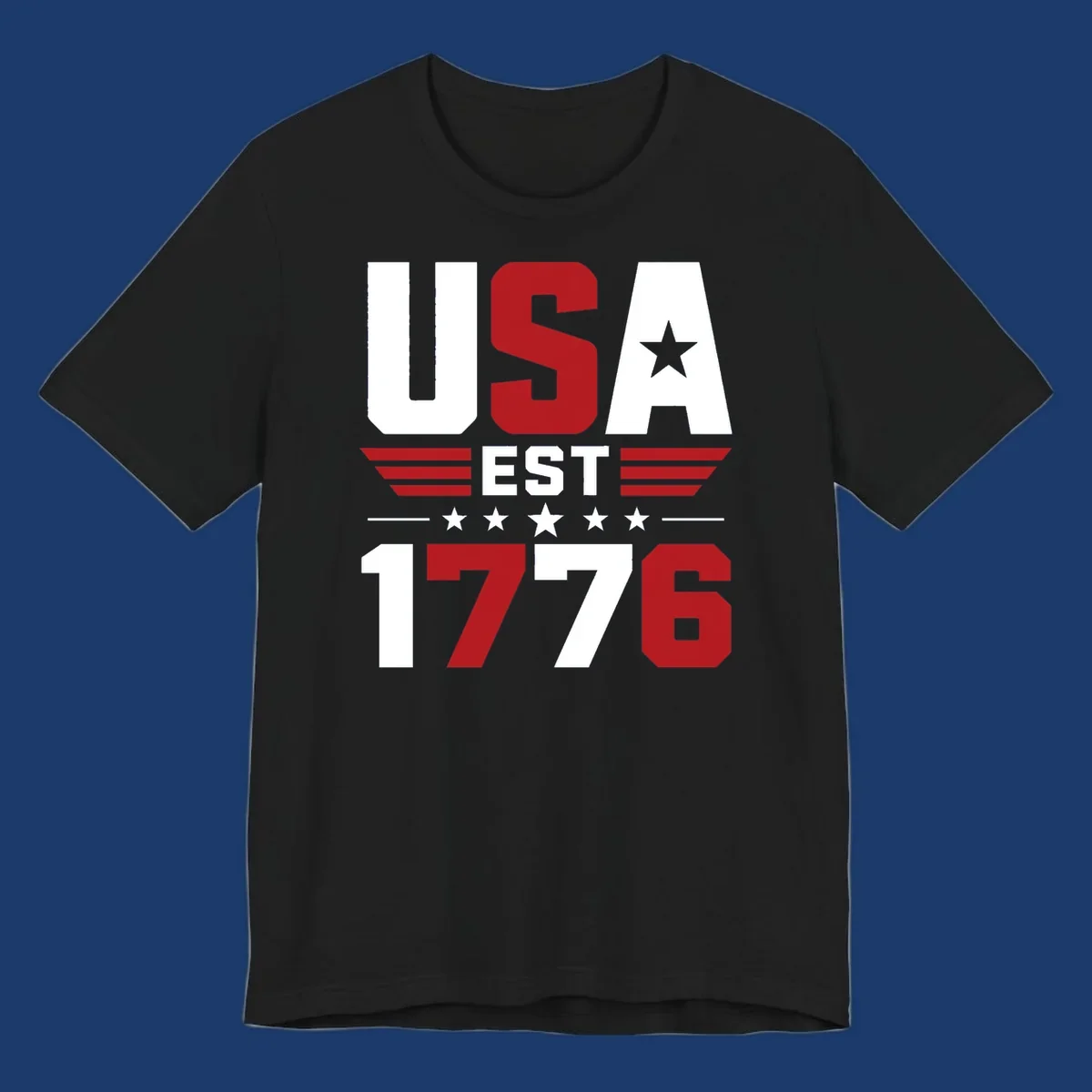 USA 1776 Stars and Stripes typography design with red, white, and blue elements.