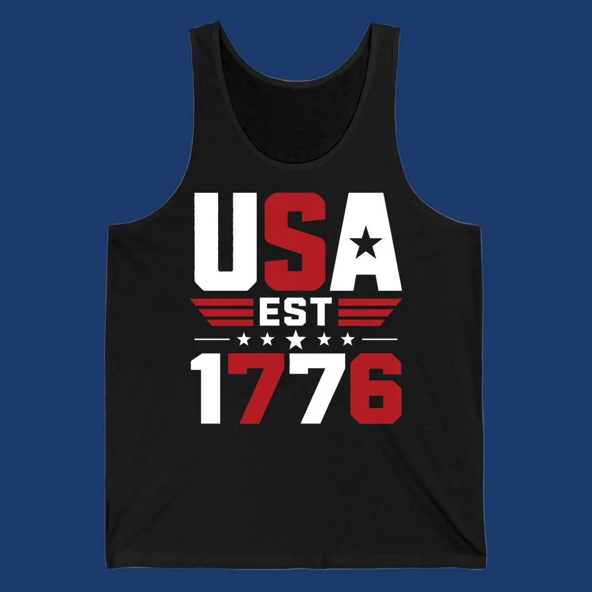 USA 1776 Stars and Stripes typography design with red, white, and blue elements.