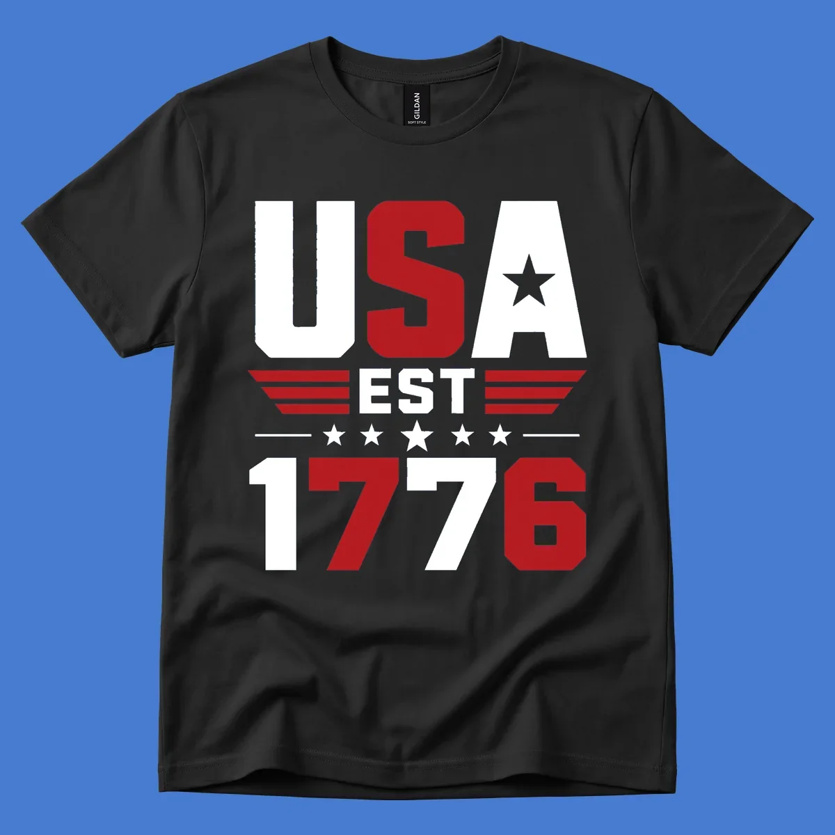 USA 1776 Stars and Stripes typography design with red, white, and blue elements.
