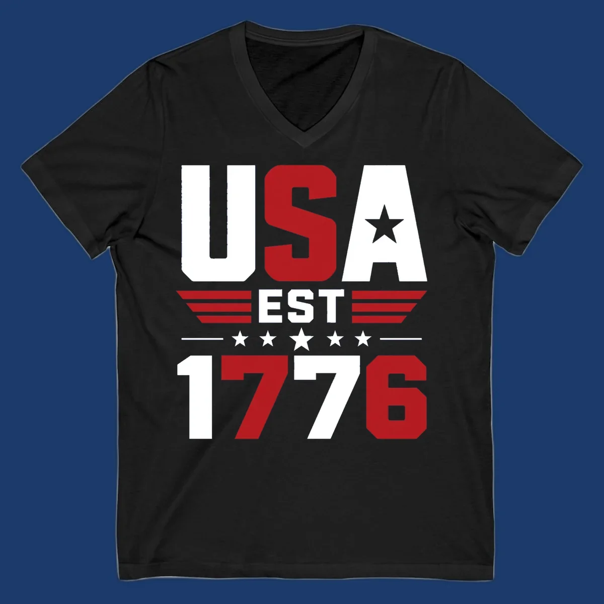 USA 1776 Stars and Stripes typography design with red, white, and blue elements.