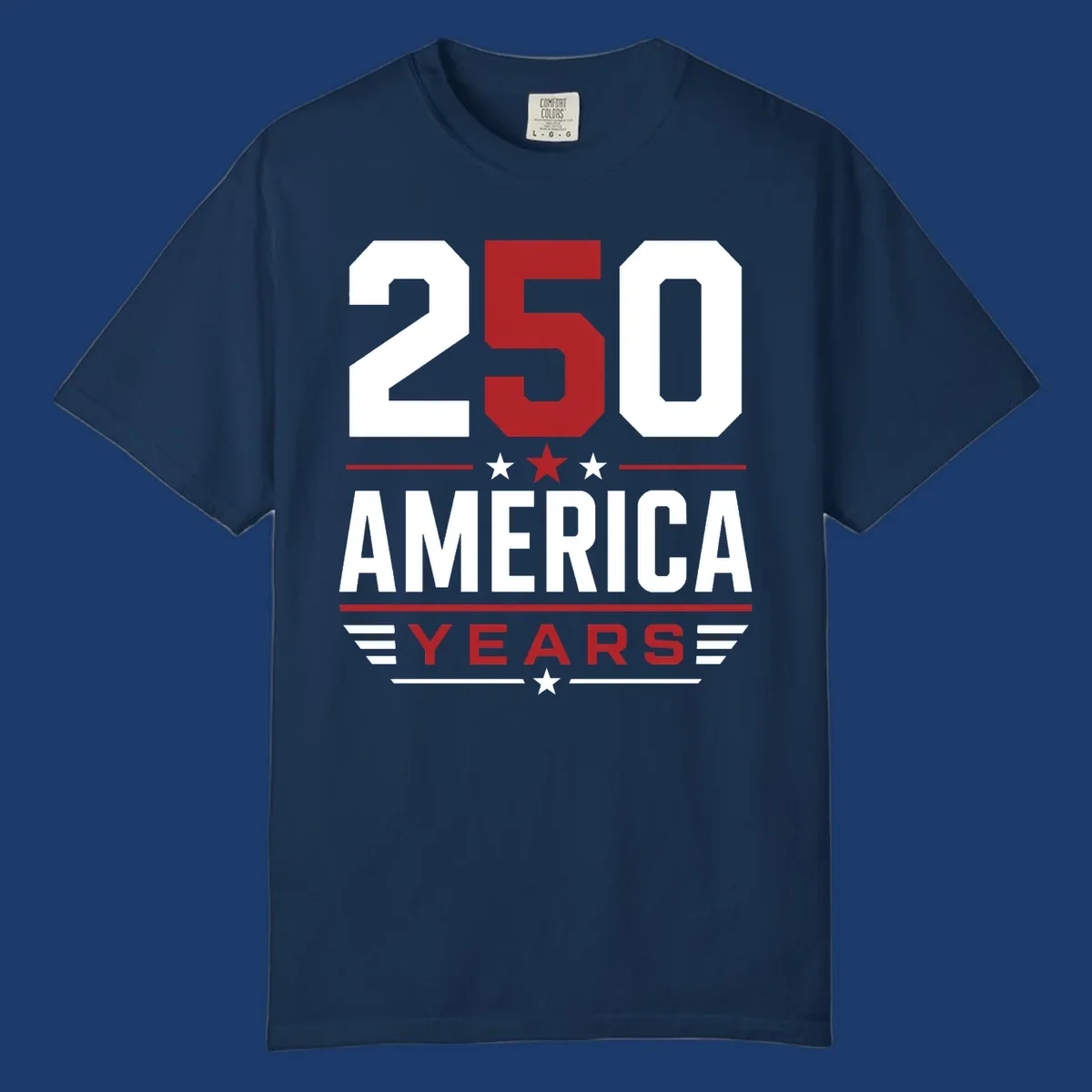 America 250th Anniversary design with bold text and patriotic elements.
