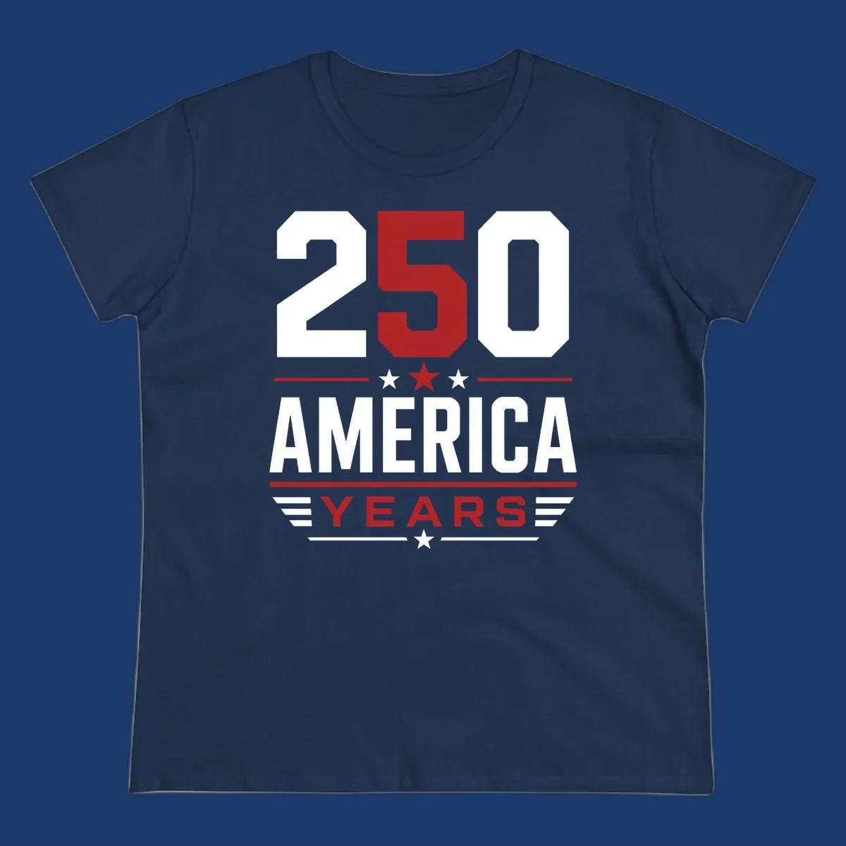 America 250th Anniversary design with bold text and patriotic elements.