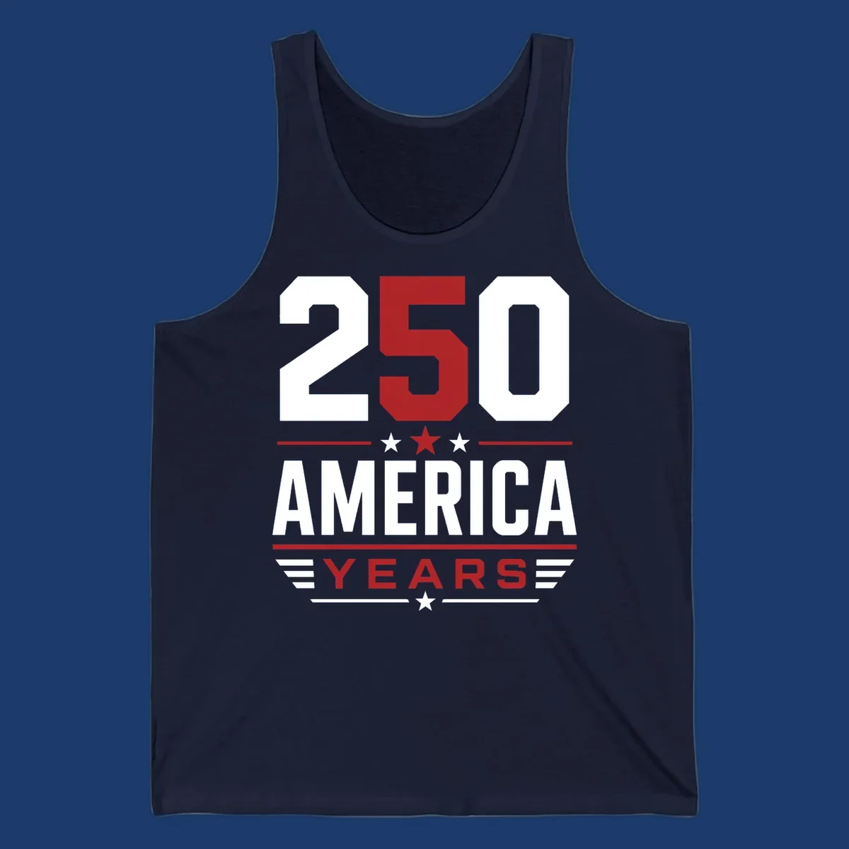 America 250th Anniversary design with bold text and patriotic elements.