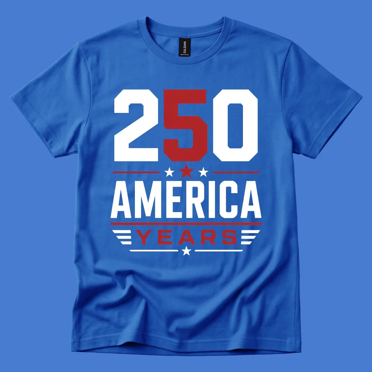 America 250th Anniversary design with bold text and patriotic elements.
