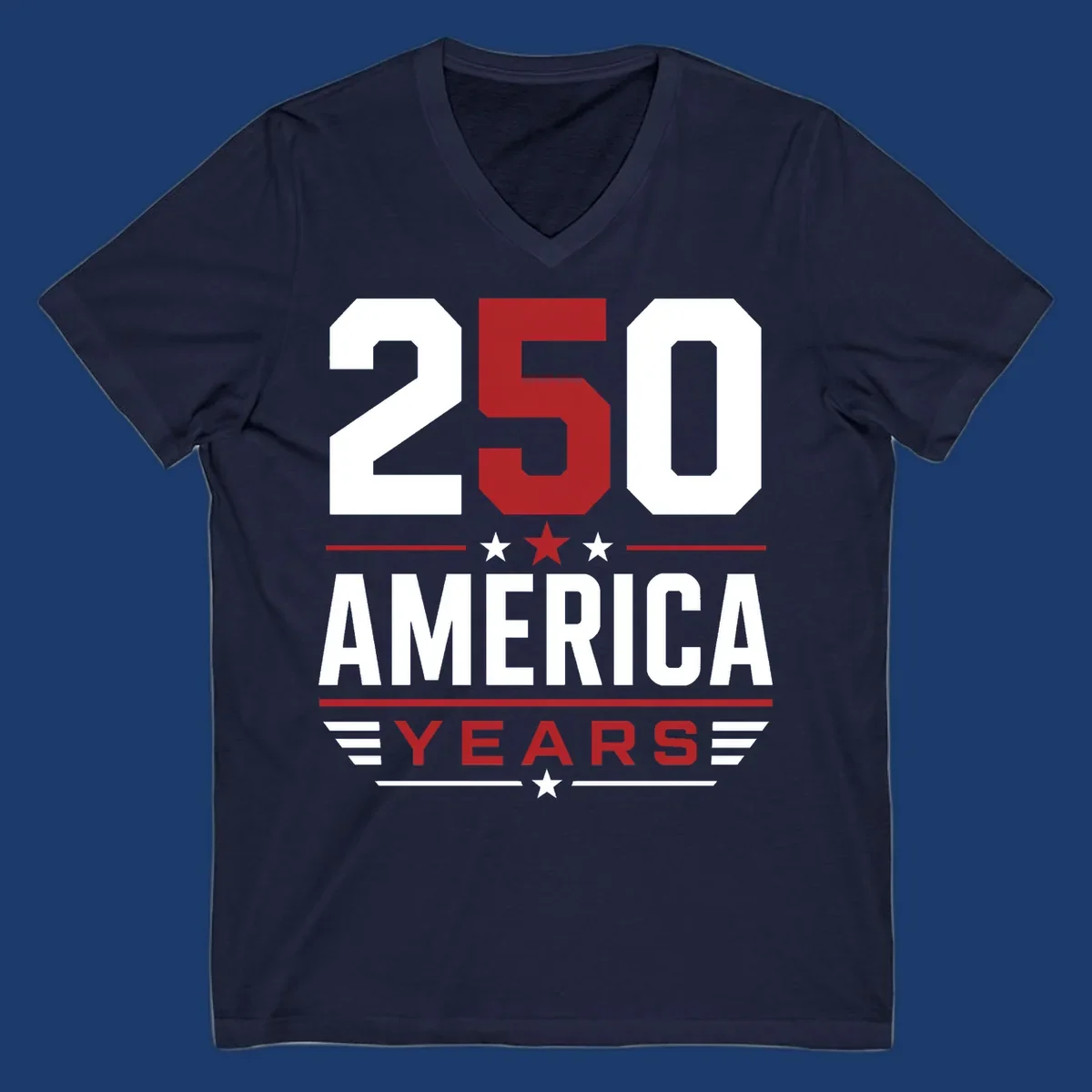 America 250th Anniversary design with bold text and patriotic elements.